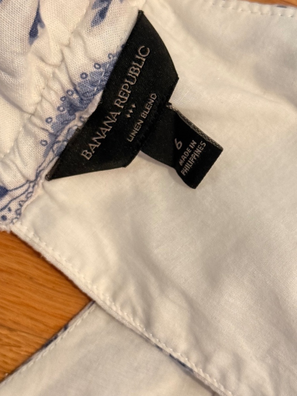 Banana Republic Linen Blend Blouse Size 6 Blue White Paisley Coastal Ruched Tie - Picture 4 of 7